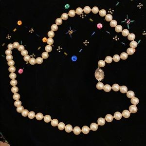 Marvella knotted faux pearl necklace with sterling & rhinestone clasp